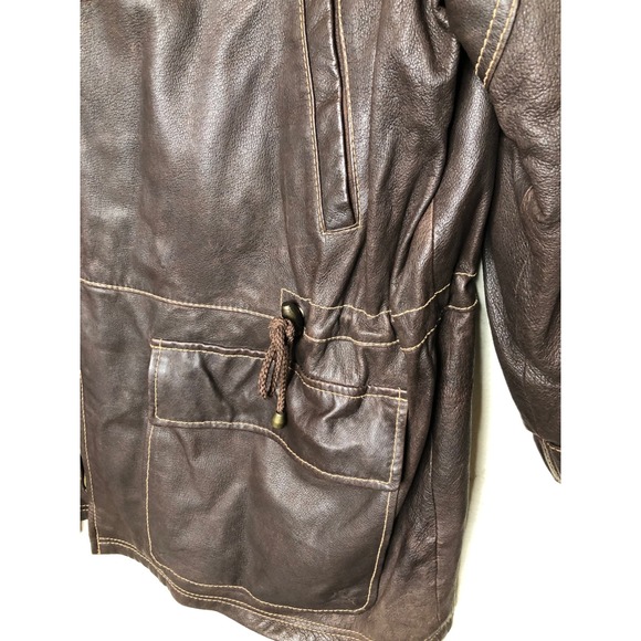 VTG Scandia Woods Brown Leather Hooded Parka Jacket XXL Full Zip Pockets Lined - Picture 10 of 16